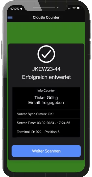 AccessControl+ App: Erfolgreich entwertetes Ticket auf dem Smartphone